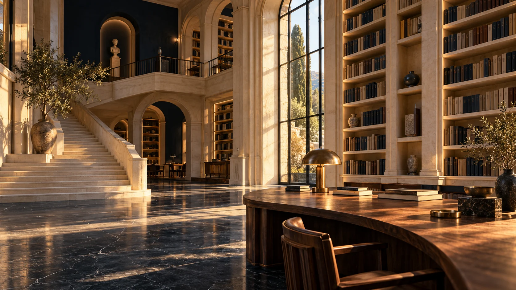 Ilustracja: uporządkowana biblioteka z biurkiem i ciepłym światłem